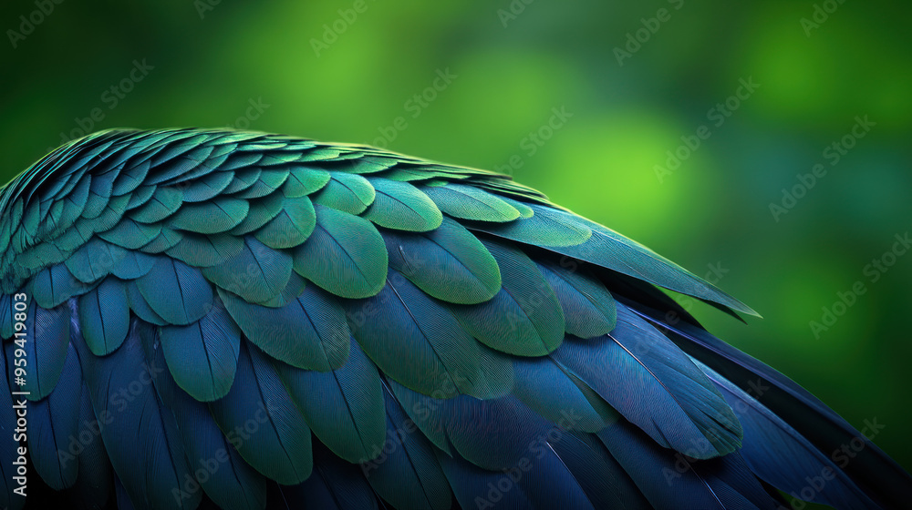 Obraz premium Detailed close-up of colorful blue and green feathers from an exotic bird wing