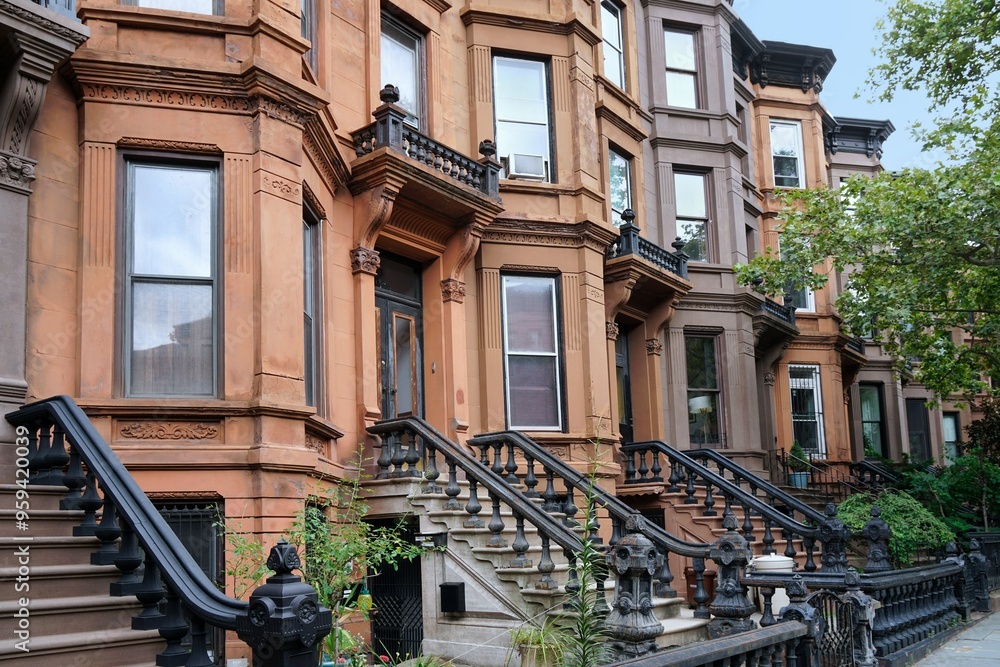 Fototapeta premium New York City, row of old brownstone townhouses with attractive detailed moldings