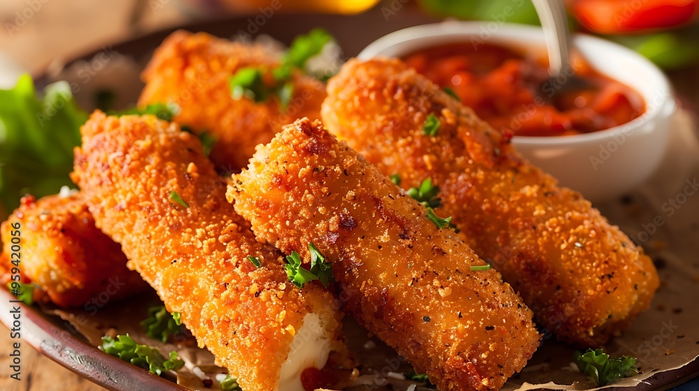 Fototapeta premium Homemade Fried Mozzarella Sticks with Marinara Sauce
