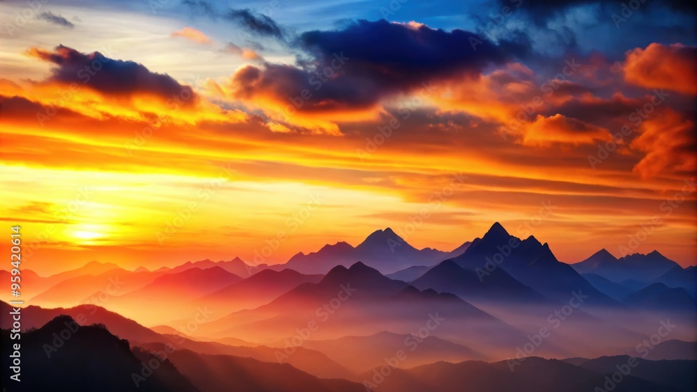 Obraz premium Abstract background featuring silhouetted mountains against a vivid sunset sky , mountains, sunset, abstract, background
