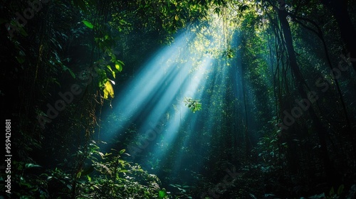 Dark rainforest, sun rays through the trees, rich jungle greenery 