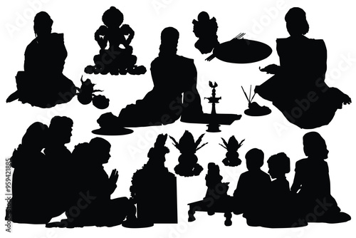 Hindu woman praying silhouettes. Concept of religious rituals. Chhath Puja festival Goddess Lakshmi on Diwali. Indian family worshipping Lord Ganesha Chaturthi with pooja thali & kalash Ghatasthapana.