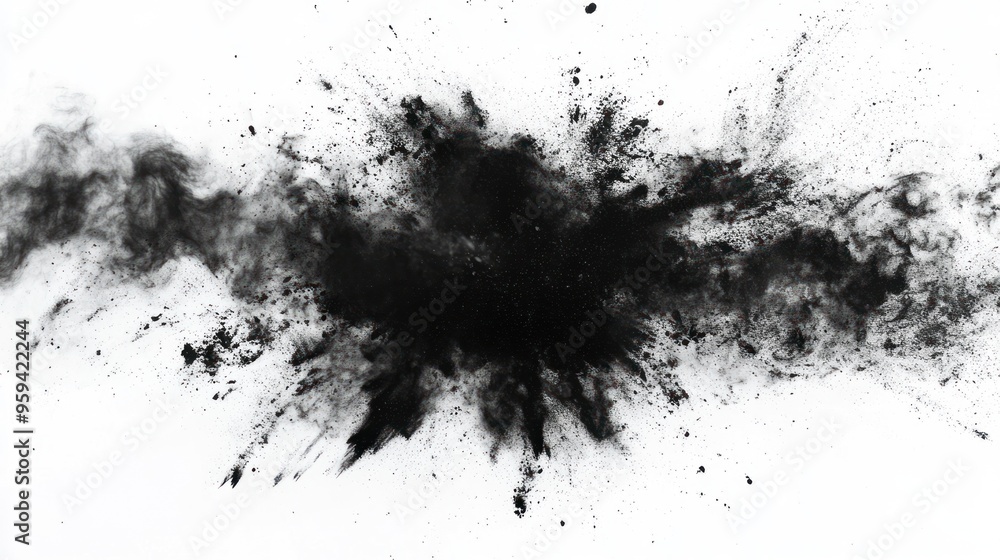 Black powder exploding Abstract dust explosion on a white background Black powder exploding Abstract dust explosion on a white background