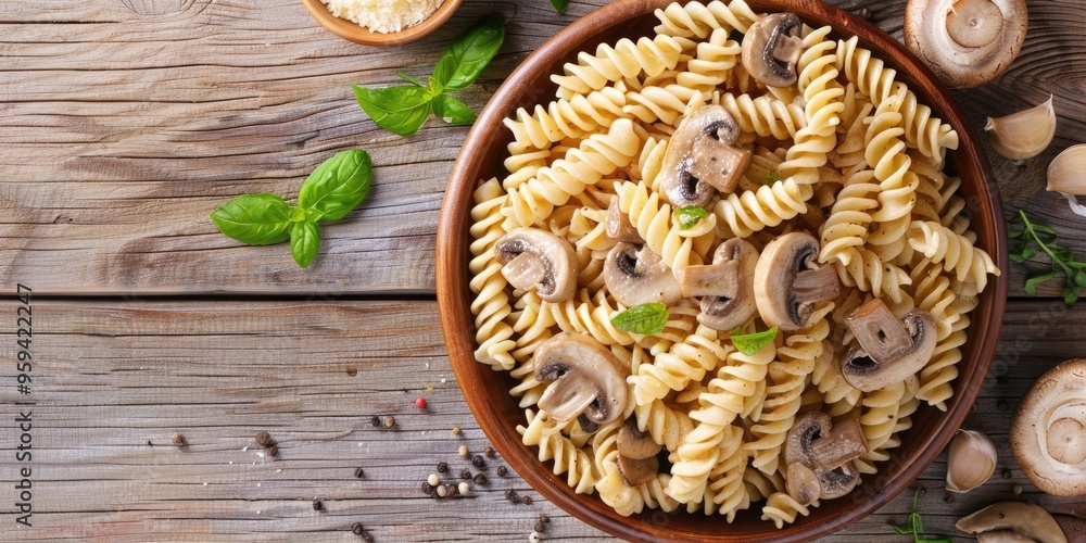 Fusilli Pasta with Champignons in Cream Sauce Ingredients Top View Wooden Table No People Fusilli Pasta with Champignons in Cream Sauce Ingredients Top View Wooden Table No People