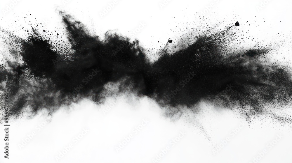 Fototapeta premium Black powder exploding Abstract dust explosion on a white background