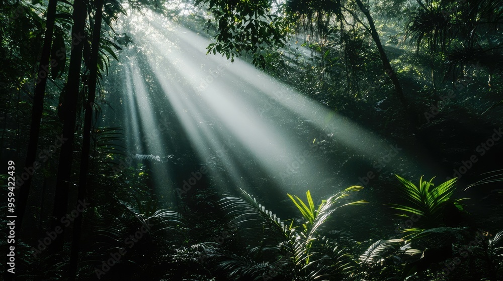 Dark rainforest, sun rays through the trees, rich jungle greenery Dark rainforest, sun rays through the trees, rich jungle greenery