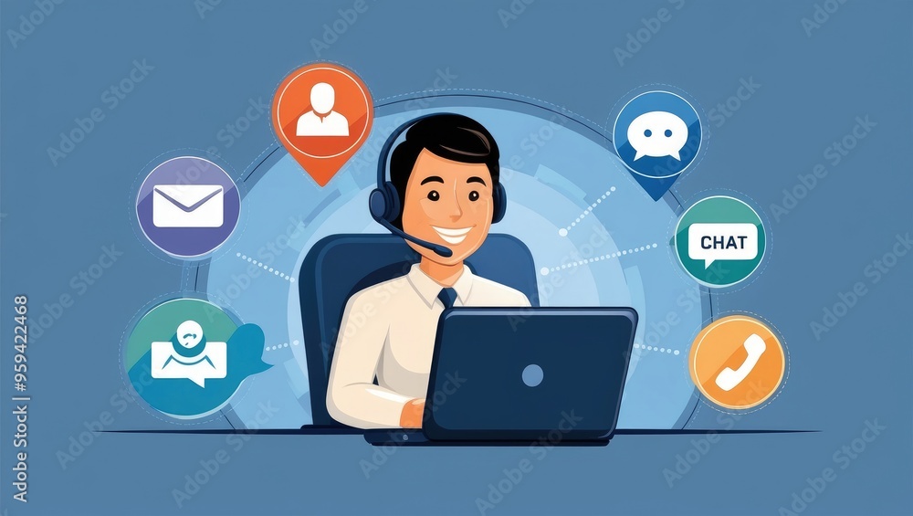 Customer Support Agent with Multichannel Communication Icons Customer Support Agent with Multichannel Communication Icons