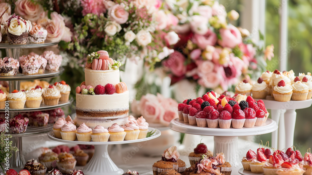 Lavish Dessert Table with Cakes, Cupcakes, and Floral Decor Lavish Dessert Table with Cakes, Cupcakes, and Floral Decor