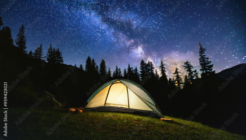 A tent with light in forest on mountain at night with starry milky way galaxy in the sky for outdoor adventure lifestyle, camping product background A tent with light in forest on mountain at night with starry milky way galaxy in the sky for outdoor adventure lifestyle, camping product background