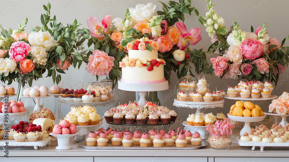Lavish Dessert Table with Cakes, Cupcakes, and Floral Decor Lavish Dessert Table with Cakes, Cupcakes, and Floral Decor
