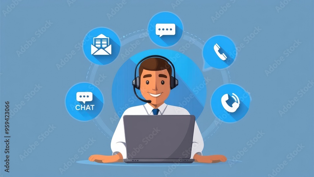 Customer Support Agent with Multichannel Communication Icons Customer Support Agent with Multichannel Communication Icons