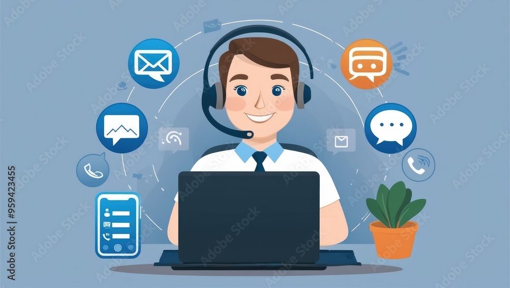 Customer Support Agent with Multichannel Communication Icons Customer Support Agent with Multichannel Communication Icons