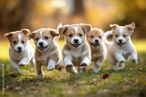 a group of puppies running in the grass