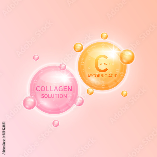 Orange ascorbic acid vitamin C and pink collagen solution. Vitamins complex minerals supplements or cosmetic advertising beauty. Medical scientific concepts. 3D Vector.