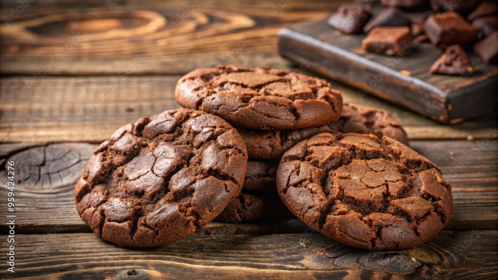 Dark brown chocolate cookies on a rustic wooden table , chocolate, cookies, dessert, sweet, snack, homemade, delicious Dark brown chocolate cookies on a rustic wooden table , chocolate, cookies, dessert, sweet, snack, homemade, delicious