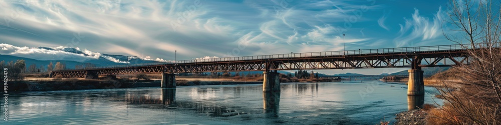 A railway bridge crosses a body of water alongside a roadway in this stock image. A railway bridge crosses a body of water alongside a roadway in this stock image.