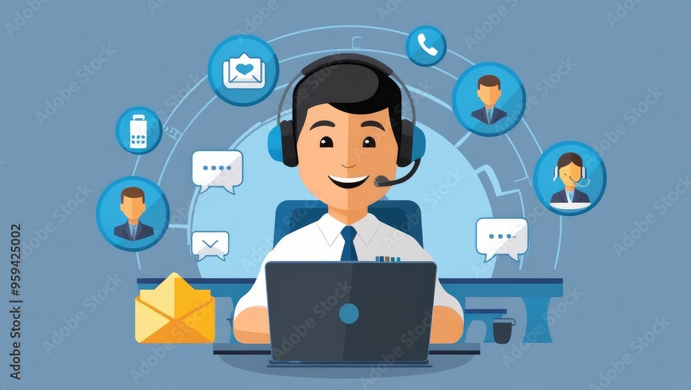 Customer Support Agent with Multichannel Communication Icons Customer Support Agent with Multichannel Communication Icons