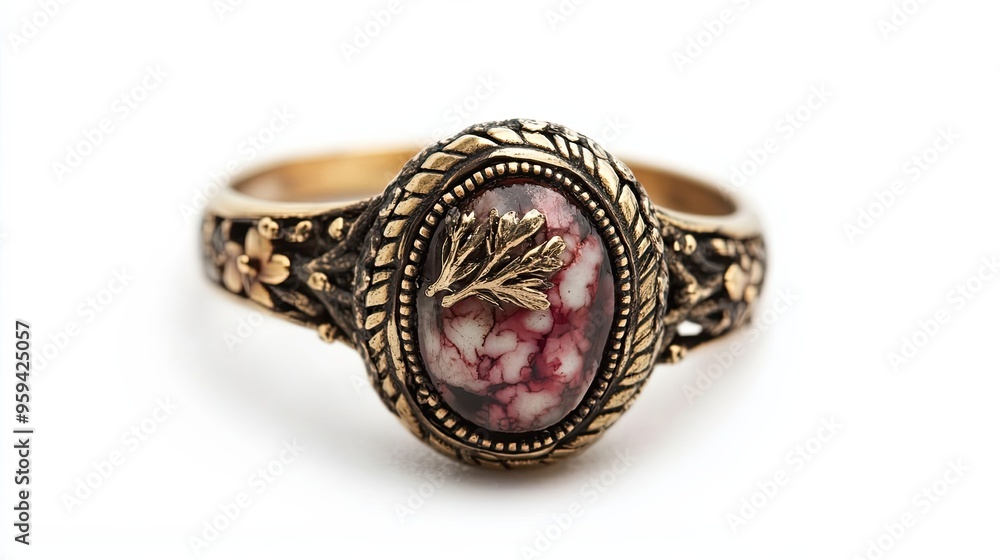 Ornate Gold Ring with Red and White Stone and Leaf Design Ornate Gold Ring with Red and White Stone and Leaf Design