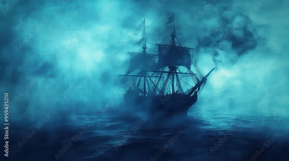 Silhouette of a Ship Sailing in a Foggy Sea at Night Silhouette of a Ship Sailing in a Foggy Sea at Night