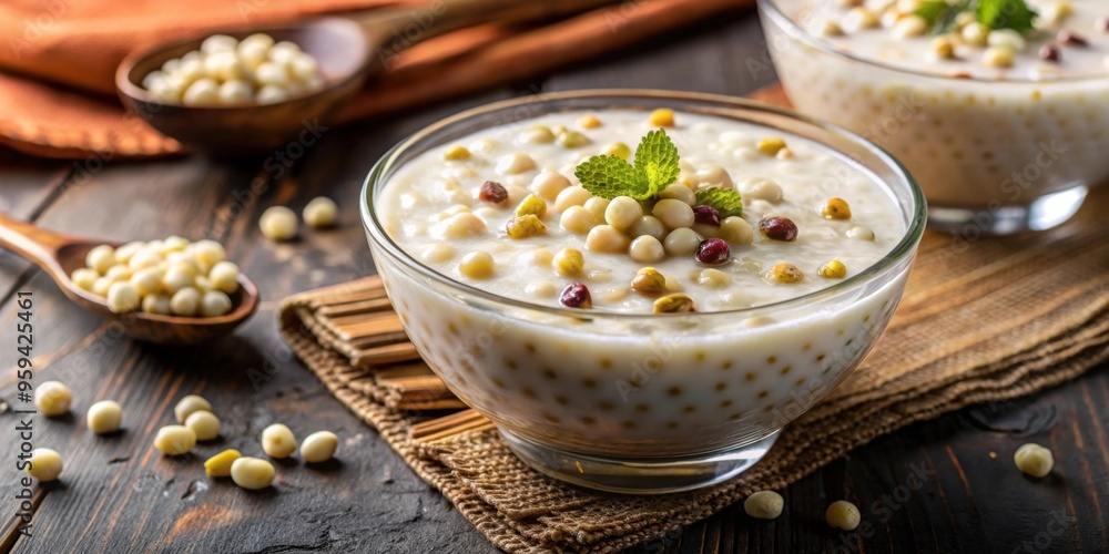 Creamy Indian dessert made with tapioca pearls, milk, sugar, and cardamom , Sago, Sabudana, Kheer, Indian, Dessert, Sweet Creamy Indian dessert made with tapioca pearls, milk, sugar, and cardamom , Sago, Sabudana, Kheer, Indian, Dessert, Sweet