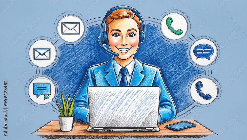 Customer Support Agent with Multichannel Communication Icons Customer Support Agent with Multichannel Communication Icons