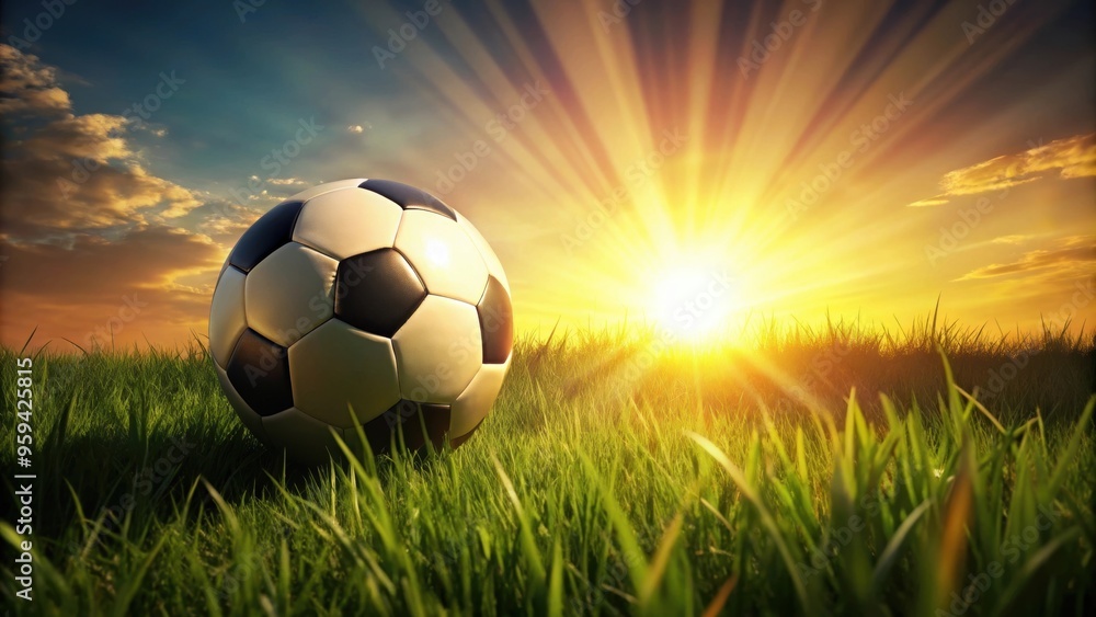 Obraz premium Soccer ball in grass with shaft of sunlight , sports, soccer, outdoors, grass, sunny, sunlight, recreation, football