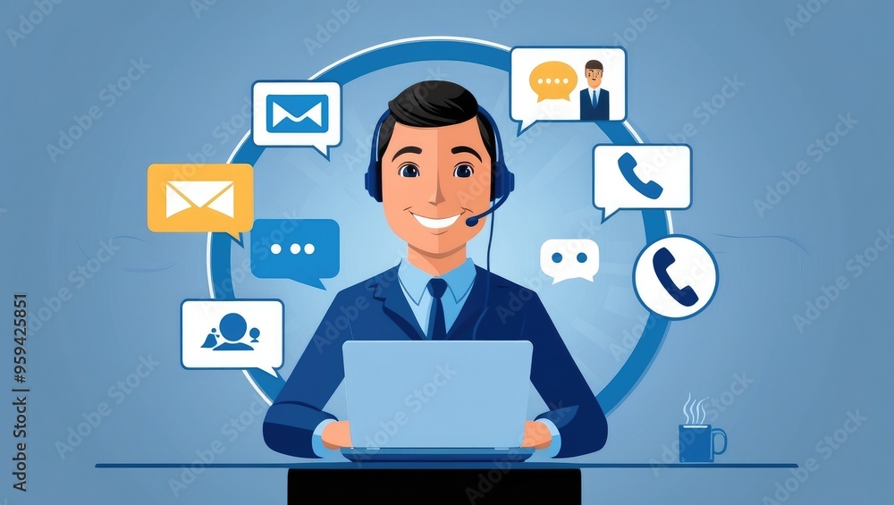 Customer Support Agent with Multichannel Communication Icons Customer Support Agent with Multichannel Communication Icons