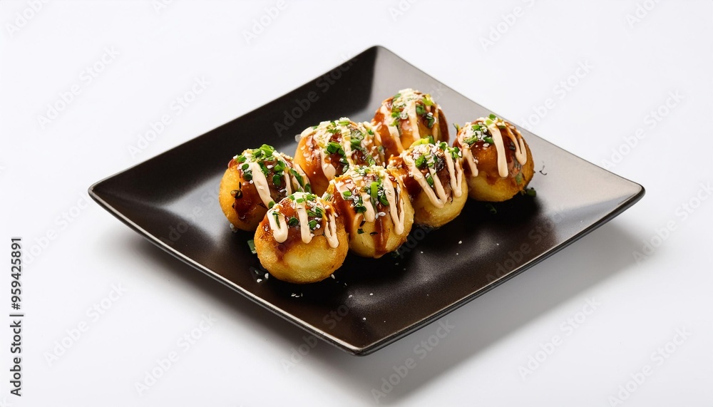 Takoyaki on black plate with white background isolated Takoyaki on black plate with white background isolated
