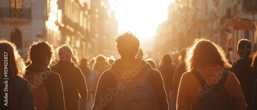 Silhouettes of people walking down a city street towards the setting sun.