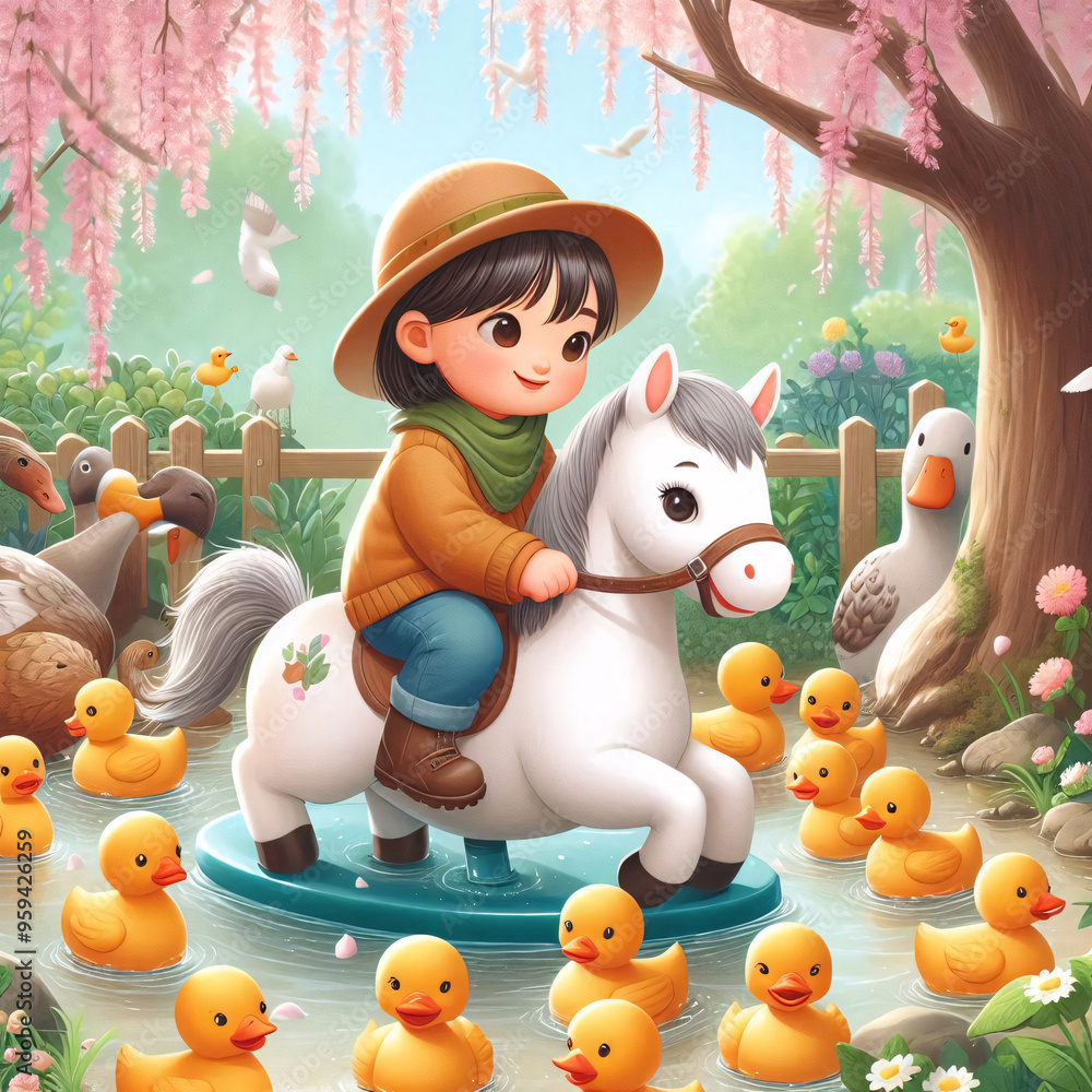 Fototapeta premium Vibrant digital art of a child on a spring horse surrounded by ducks