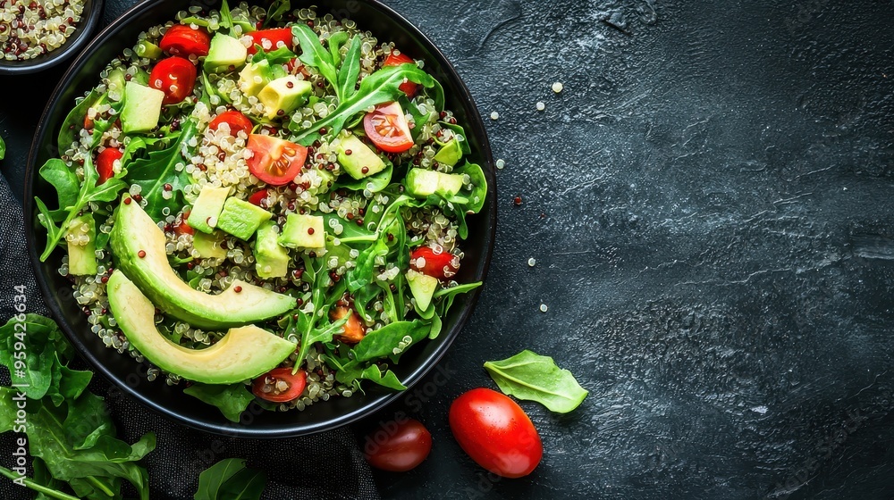 Healthy Quinoa Salad with Avocado Tomatoes and Spinach on Black Plate Healthy Quinoa Salad with Avocado Tomatoes and Spinach on Black Plate