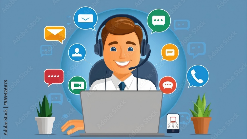 Customer Support Agent with Multichannel Communication Icons Customer Support Agent with Multichannel Communication Icons