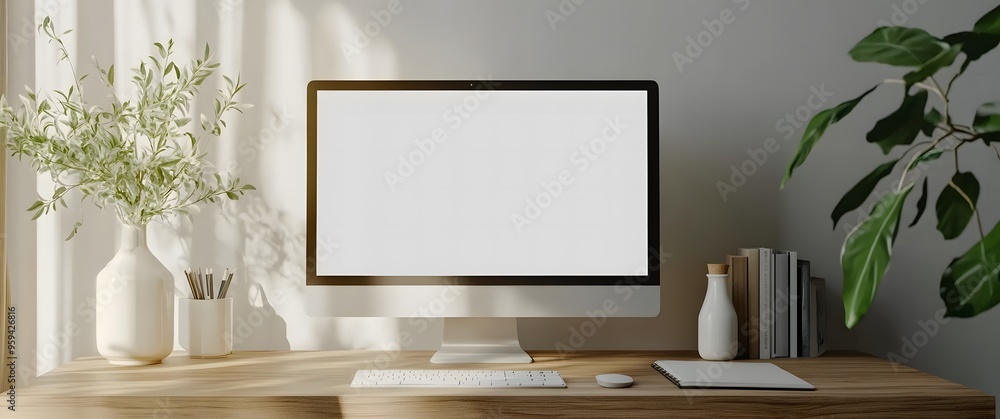 white blank computer screen on the desk of an aesthetic home office,workspace white blank computer screen on the desk of an aesthetic home office,workspace