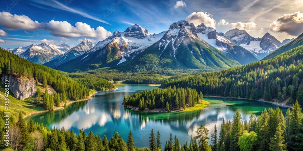Beautiful panoramic view of a mountain landscape with snow-capped peaks, lush green forests, and crystal-clear lakes , mountains Beautiful panoramic view of a mountain landscape with snow-capped peaks, lush green forests, and crystal-clear lakes , mountains