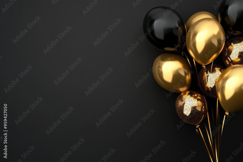 Black friday dark background with golden balloons, copy-space with generative ai Black friday dark background with golden balloons, copy-space with generative ai