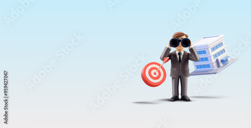 Commercial real estate building, businessman with binoculars, target, 3D. For the concepts of investment, management, and leadership. Searching for better ideas. Vector illustration.