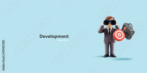 Management and development. 3D character, businessman with binoculars, target and briefcase. For concepts of successful management of business processes and development of new projects. Vector 