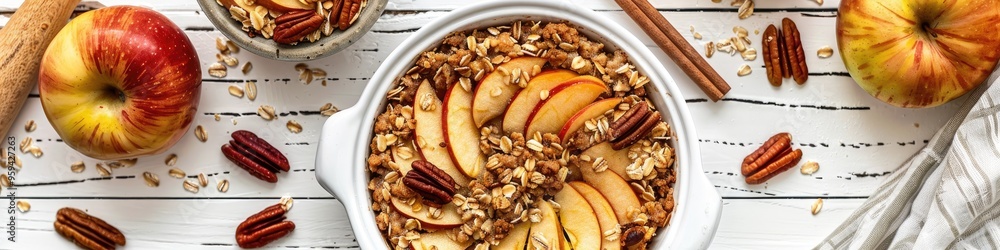 Classic apple crisp featuring oats and pecans in a baking dish on a white wooden surface with ingredients, vertical top-down perspective flat lay. Classic apple crisp featuring oats and pecans in a baking dish on a white wooden surface with ingredients, vertical top-down perspective flat lay.