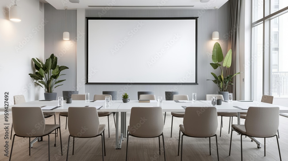 Empty meeting room with a large white projector screen, soft lighting, and sleek furniture, corporate setting Empty meeting room with a large white projector screen, soft lighting, and sleek furniture, corporate setting