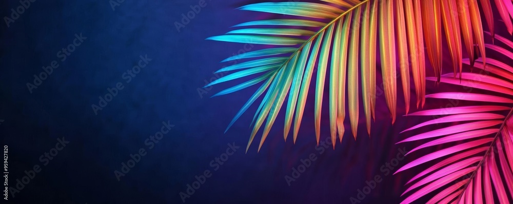 Mystical night scene in a tropical jungle, where palm leaves glow with vibrant neon colors Mystical night scene in a tropical jungle, where palm leaves glow with vibrant neon colors