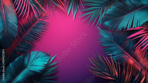 Neon-lit tropical jungle at night, featuring glowing palm leaves and a mysterious atmosphere