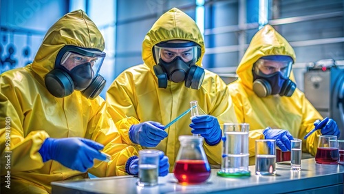 Team of scientists wearing protective gear conducting experiments with biohazardous materials photo