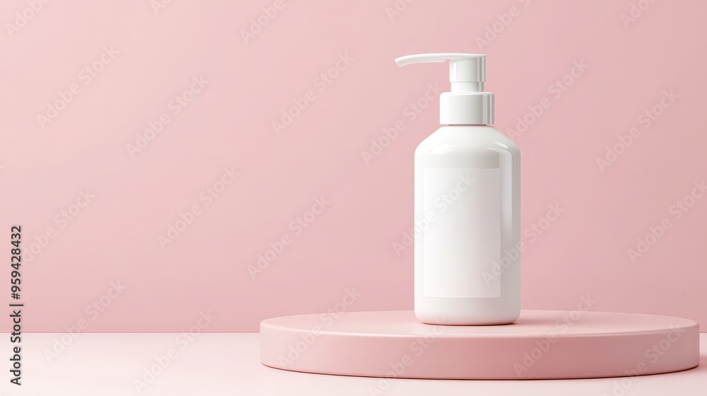 Minimalistic white pump bottle on a pastel pink background, ideal for beauty, skincare, or product packaging concepts. Minimalistic white pump bottle on a pastel pink background, ideal for beauty, skincare, or product packaging concepts.