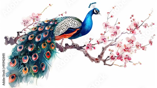 Watercolor drawing peacock on blooming tree branch on white background.