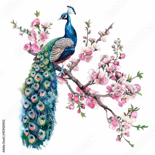 Watercolor drawing peacock on blooming tree branch on white background.