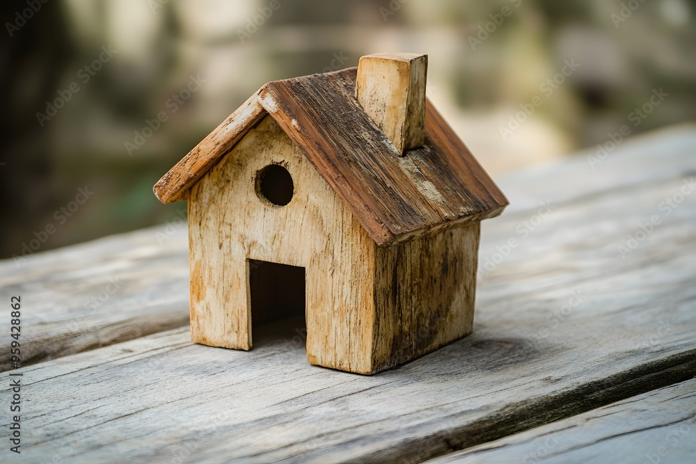 Weathered Wooden Miniature House on a Wooden Surface Weathered Wooden Miniature House on a Wooden Surface