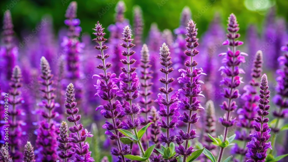 Naklejka premium Purple sage bushes blooming in a garden after the rain, purple sage, ash bush, Leucophyllum frutescens, purple petals