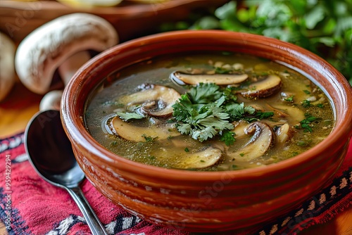 Sopa de hongos mushroom soup made with a variety of fresh mushrooms, often flavored with epazote and garlic. Earthy and comforting photo