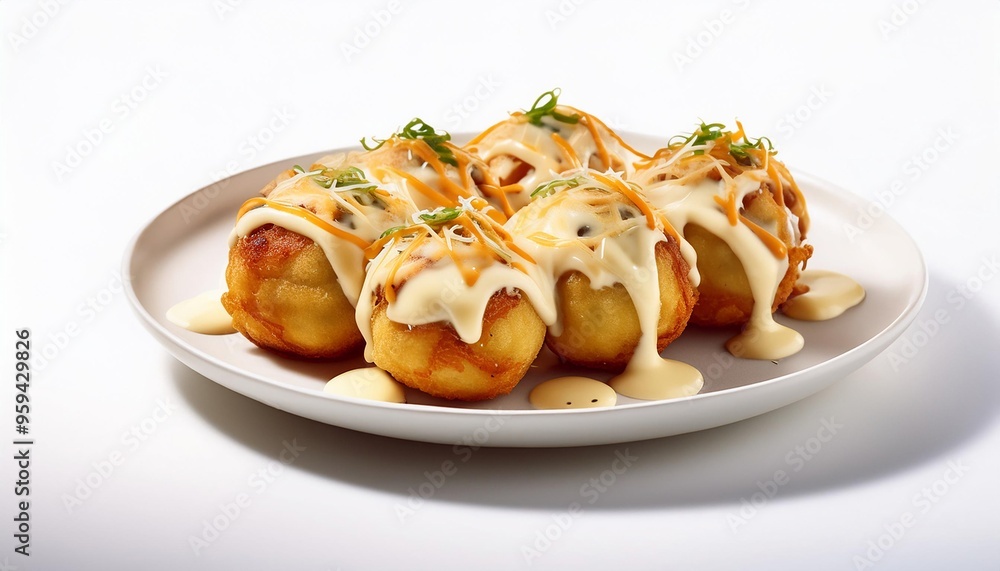 Takoyaki with cheese sauce on white background isolated Takoyaki with cheese sauce on white background isolated