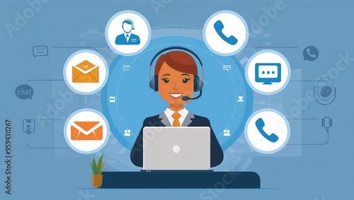 Customer Support Agent with Multichannel Communication Icons